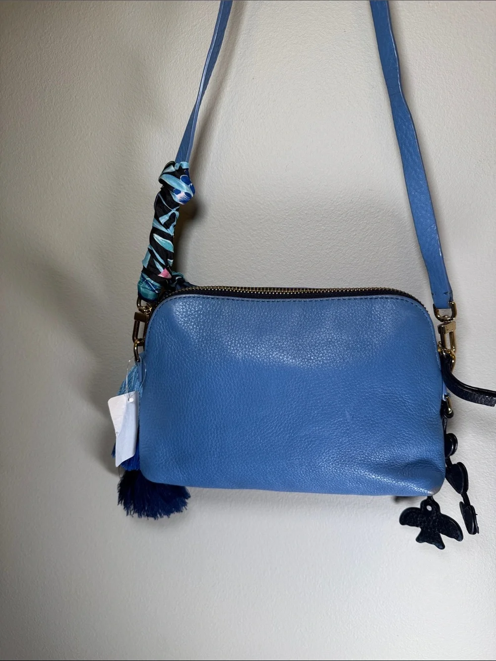 Tory Burch Blue Pebbled Leather Crossbody Bag + Twilly & Charms